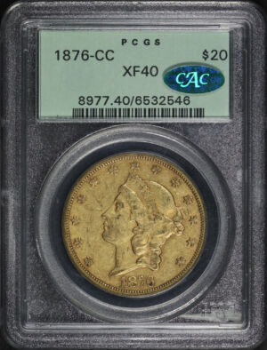 Obverse of this 1876-CC Liberty Head $20 PCGS XF-40 CAC Old Green Holder