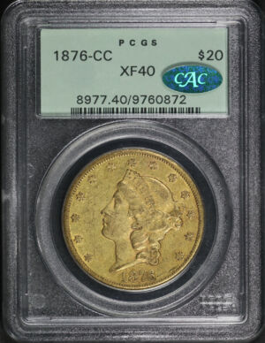 Obverse of this 1876-CC Liberty Head $20 PCGS XF-40 CAC Old Green Holder