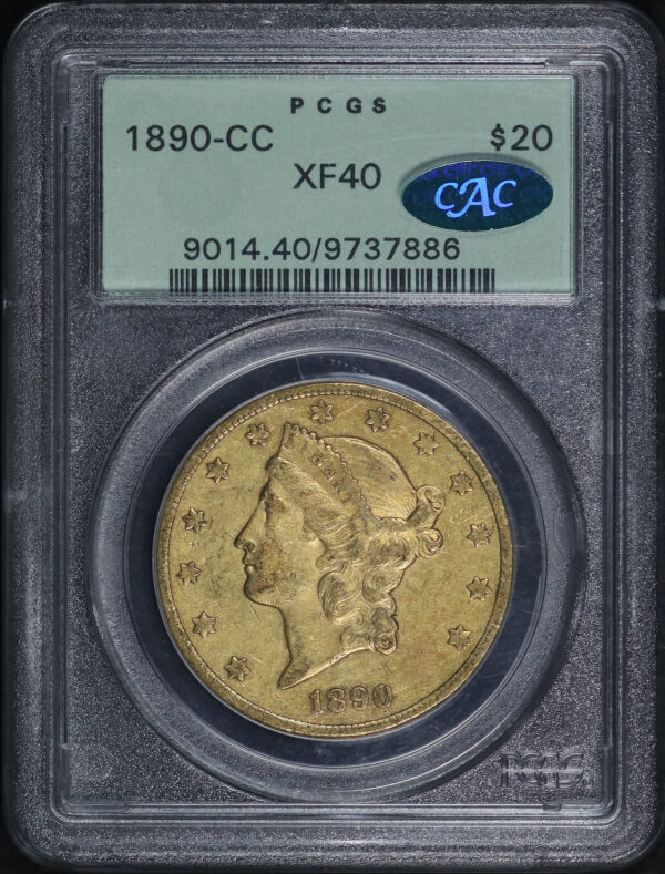 Obverse of this 1890-CC Liberty Head $20 Type 3 PCGS XF-40 CAC Old Green Holder