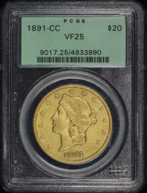 Obverse of this 1891-CC Liberty Head $20 PCGS VF-25 Old Green Holder