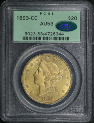 Obverse of this 1893-CC Liberty Head $20 Type 3 PCGS AU-53 CAC Old Green Holder