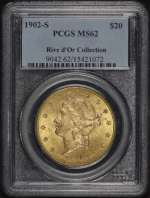 Obverse of this 1902-S Liberty Head $20 Type 3 PCGS MS-62 Rive d’Or collection 