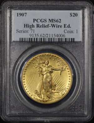 Obverse of this 1907 St. Gaudens $20 High Relief, Wire Edge PCGS MS-62