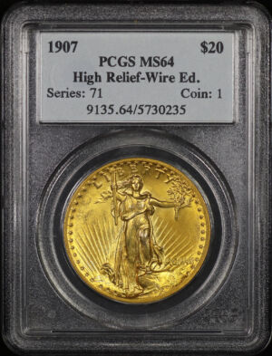 Obverse of this 1907 St. Gaudens $20 High Relief Wire Edge PCGS MS-64