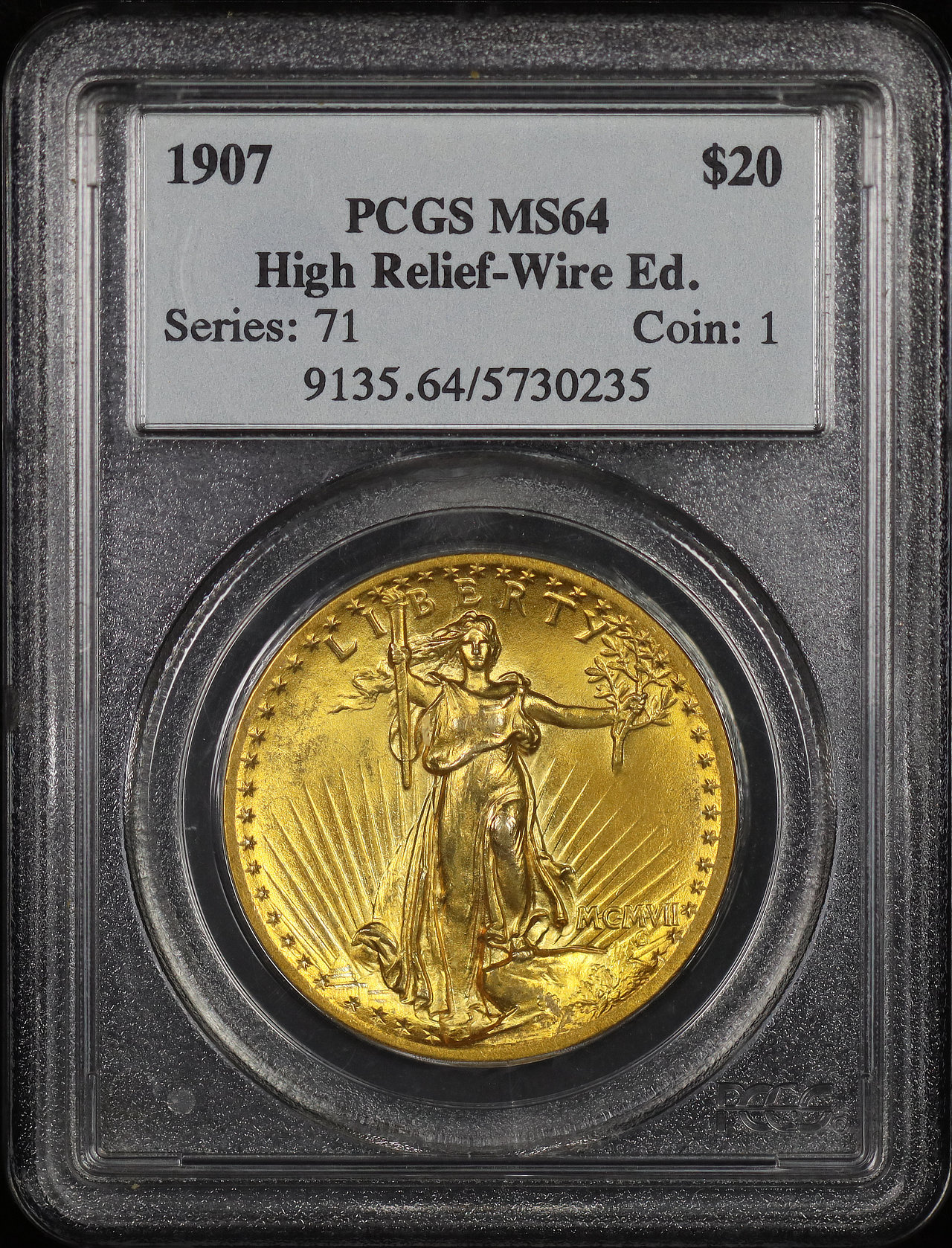 Obverse of this 1907 St. Gaudens $20 High Relief Wire Edge PCGS MS-64