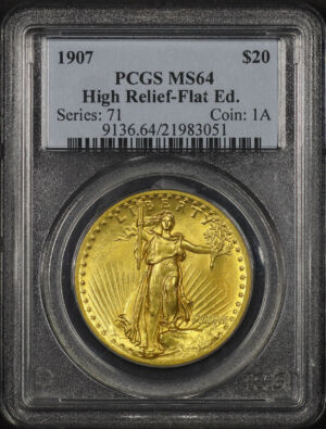 Obverse of this 1907 St. Gaudens $20 High Relief-Flat Edge PCGS MS-64