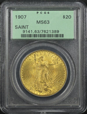 Obverse of this 1907 St. Gaudens $20 PCGS MS-63 Old Green Holder