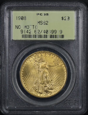 Obverse of this 1908 St. Gaudens $20 No Motto PCGS MS-62