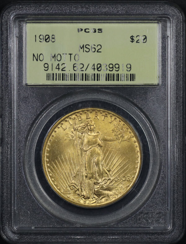 Obverse of this 1908 St. Gaudens $20 No Motto PCGS MS-62
