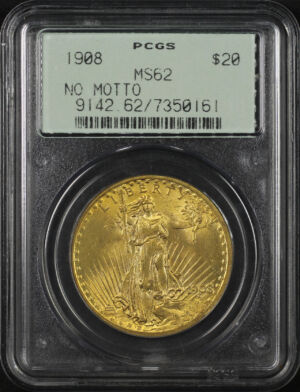 Obverse of this 1908 St. Gaudens $20 No Motto PCGS MS-62 Old Green Gasket Holder