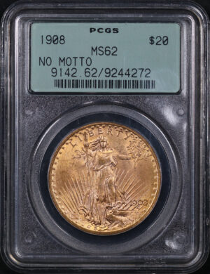 Obverse of this 1908 St. Gaudens $20 No Motto PCGS MS-62 Old Green Holder