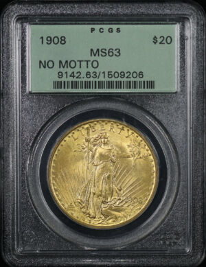 Obverse of this 1908 St. Gaudens $20 No Motto PCGS MS-63 Old Green Holder