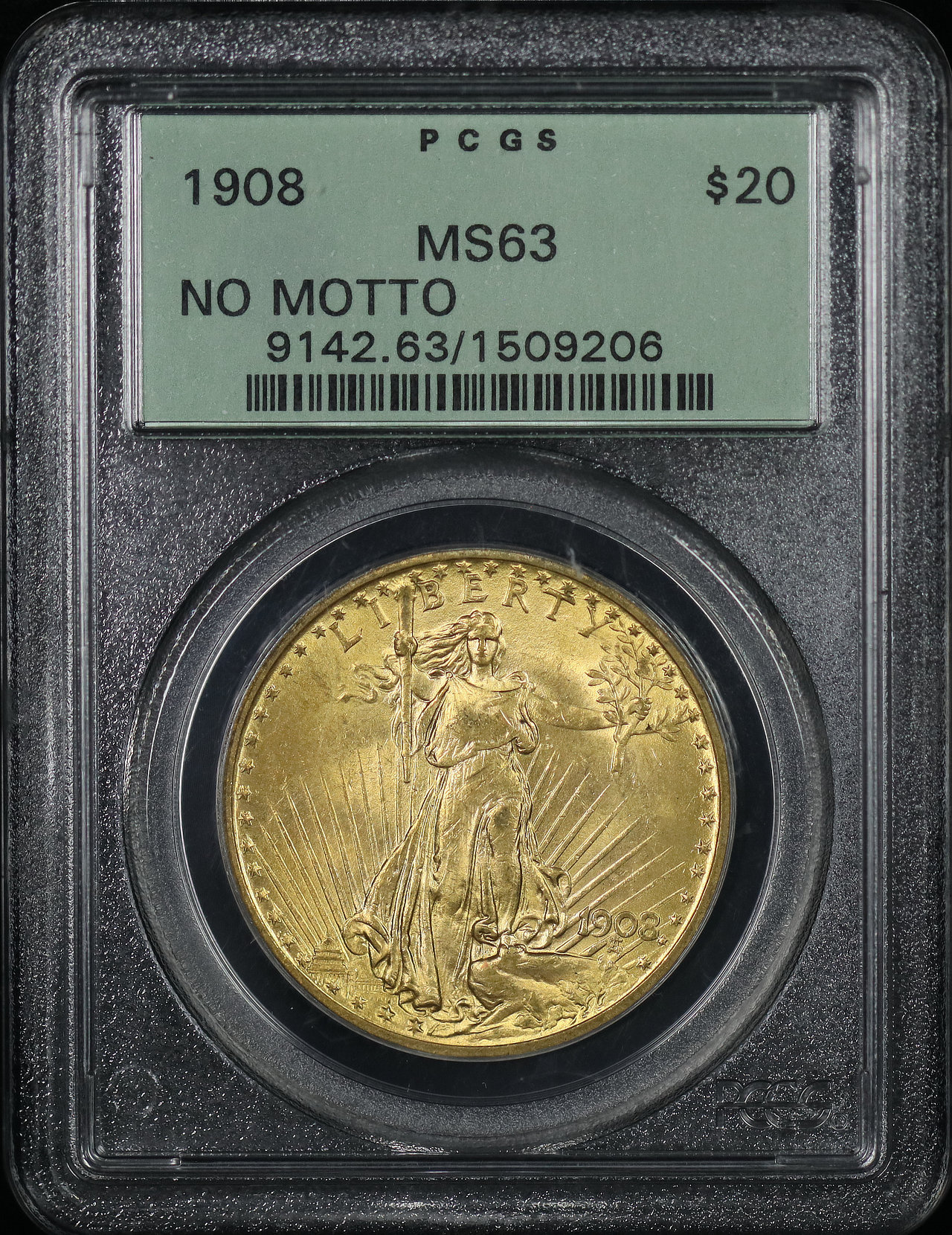 Obverse of this 1908 St. Gaudens $20 No Motto PCGS MS-63 Old Green Holder