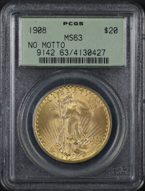 Obverse of this 1908 St. Gaudens $20 No Motto PCGS MS-63 Old Green Holder