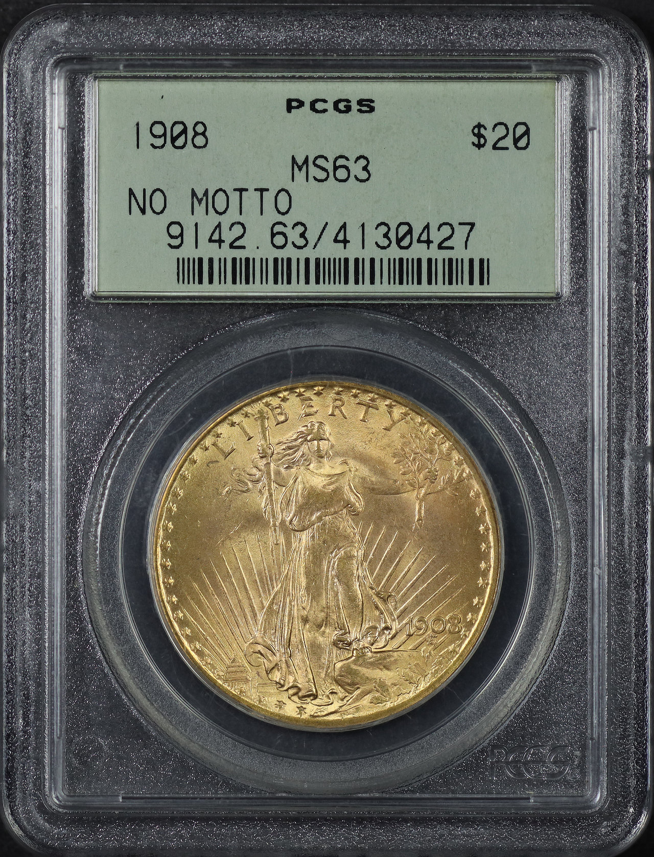 Obverse of this 1908 St. Gaudens $20 No Motto PCGS MS-63 Old Green Holder