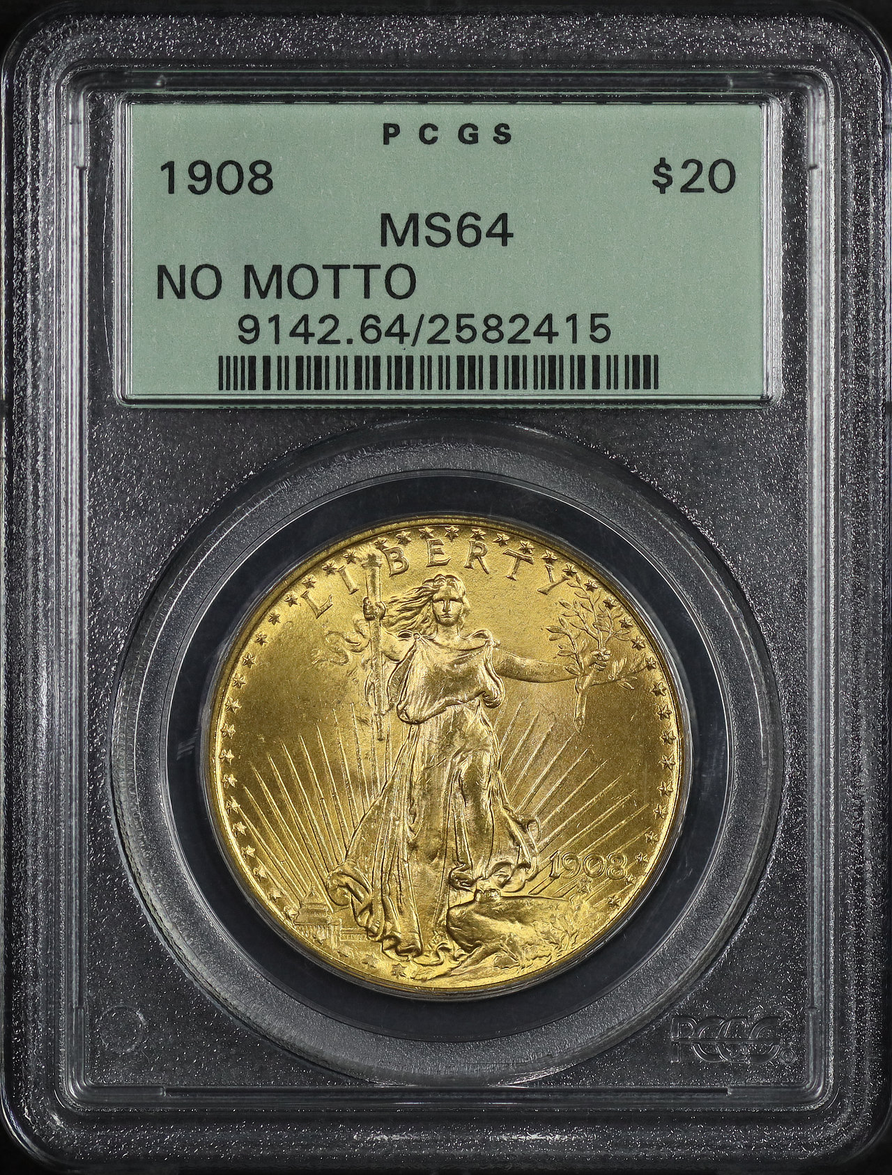 Obverse of this 1908 St. Gaudens $20 No Motto PCGS MS-64 Old Green Holder