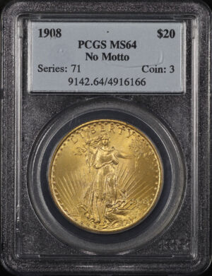 Obverse of this 1908 St. Gaudens $20 No Motto PCGS MS-64