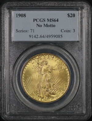 Obverse of this 1908 St. Gaudens $20 No Motto PCGS MS-64