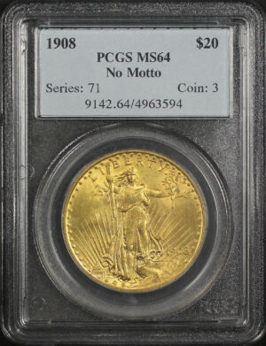 Obverse of this 1908 St. Gaudens $20 No Motto PCGS MS-64