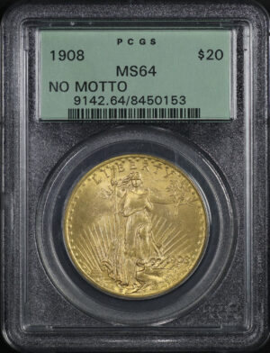 Obverse of this 1908 St. Gaudens $20 No Motto PCGS MS-64 Old Green Holder