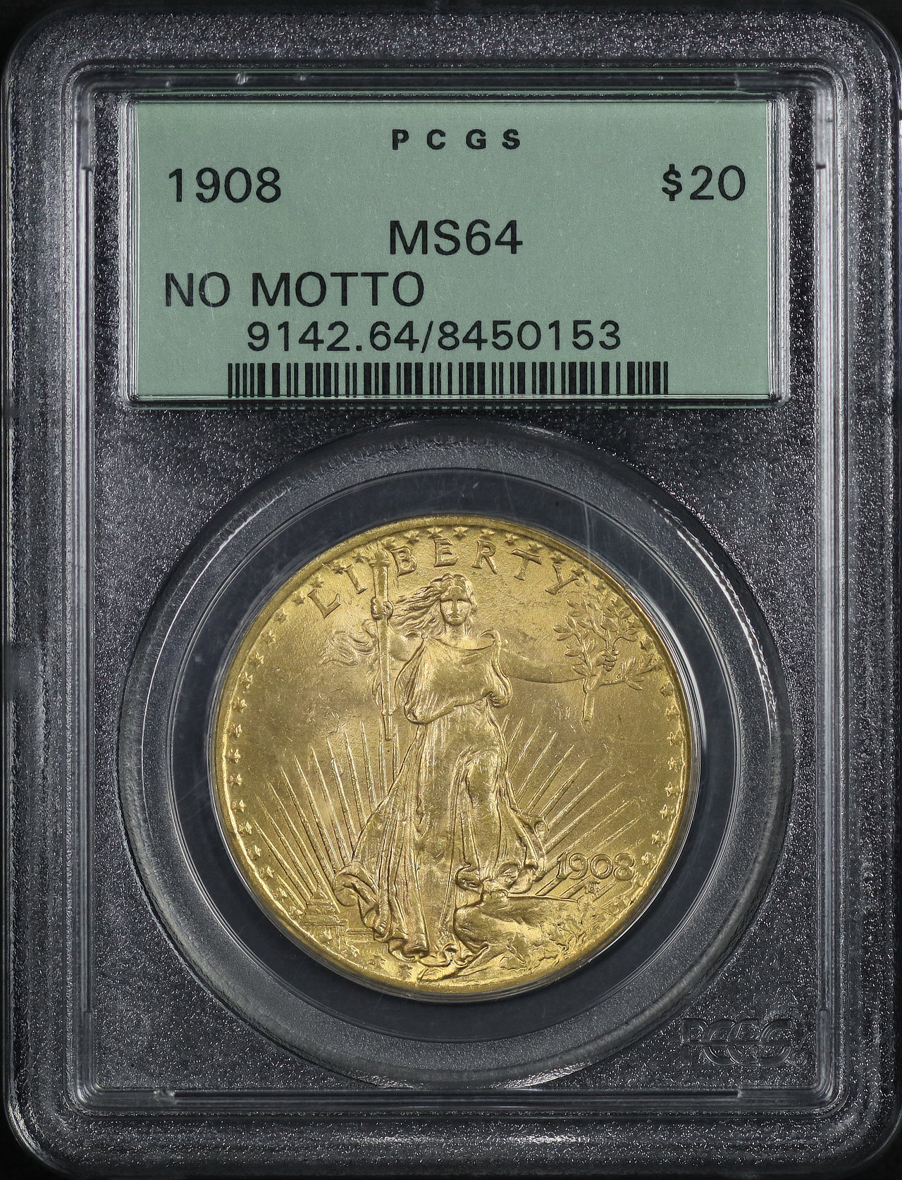 Obverse of this 1908 St. Gaudens $20 No Motto PCGS MS-64 Old Green Holder