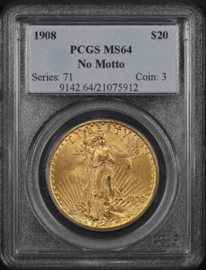 Obverse of this 1908 St. Gaudens $20 No Motto PCGS MS-64