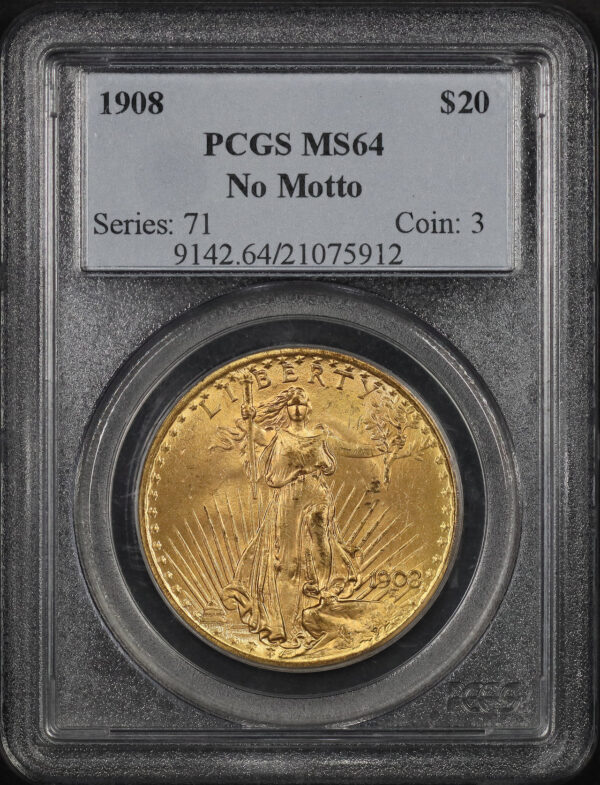 Obverse of this 1908 St. Gaudens $20 No Motto PCGS MS-64