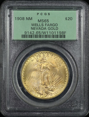 Obverse of this 1908 NM St. Gaudens $20 PCGS MS-65 Nevada Wells Fargo Hoard Old Green Holder