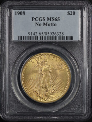 Obverse of this 1908 St. Gaudens $20 No Motto PCGS MS-65
