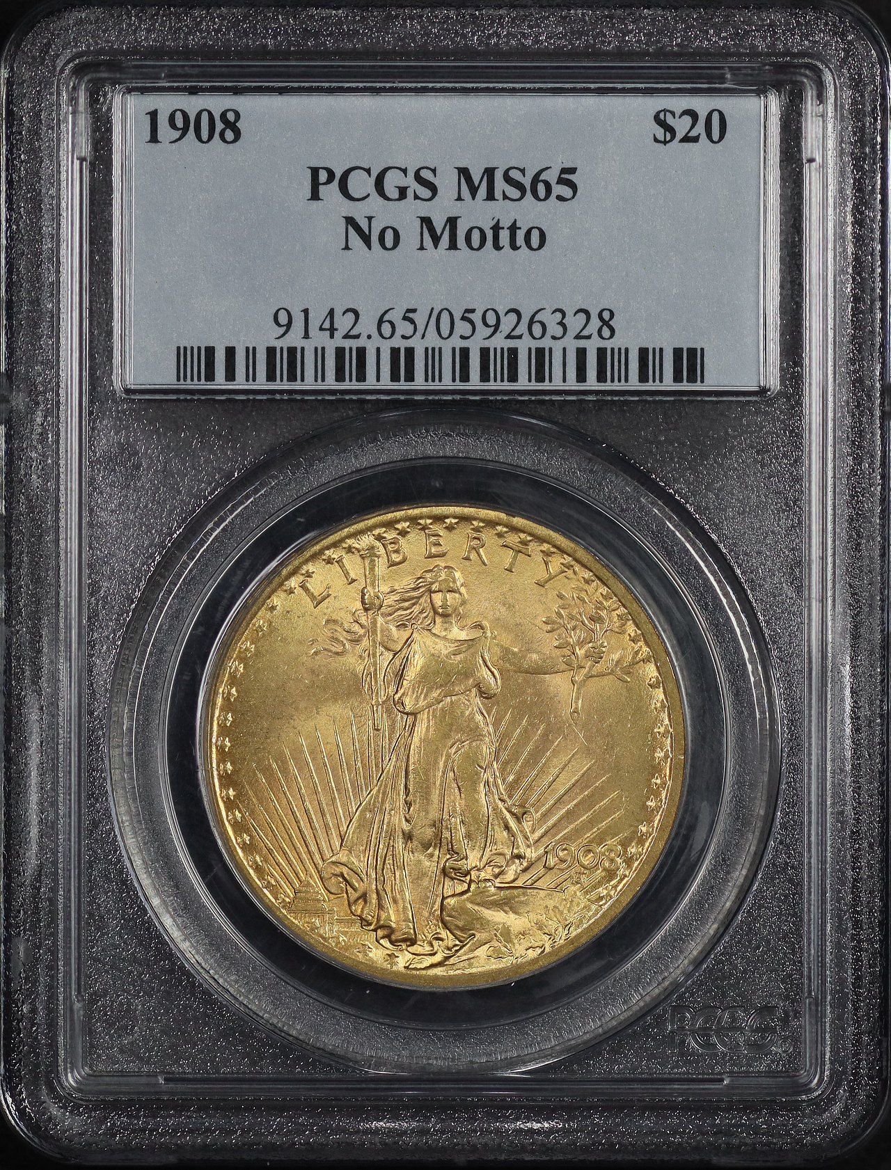 Obverse of this 1908 St. Gaudens $20 No Motto PCGS MS-65