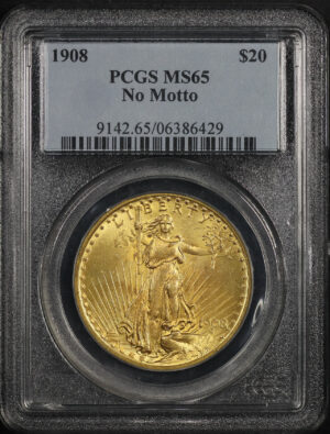 Obverse of this 1908 St. Gaudens $20 No Motto PCGS MS-65