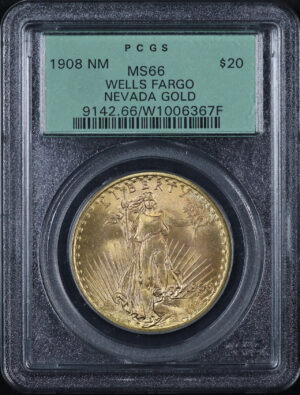 Obverse of this 1908 St. Gaudens $20 No Motto PCGS MS-66 Old Green Holder Wells Fargo Nevada Gold