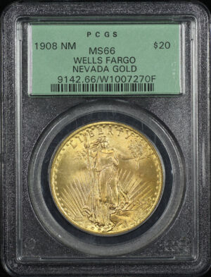 Obverse of this 1908 NM St. Gaudens $20 No Motto PCGS MS-66 Nevada Wells Fargo Hoard Old Green Holder