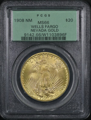 Obverse of this 1908 St. Gaudens $20 No Motto PCGS MS-66 Old Green Holder