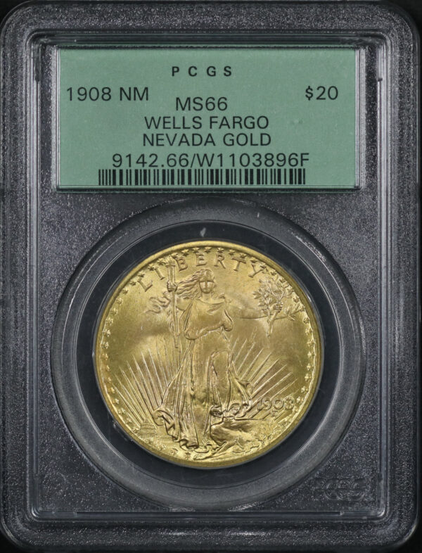Obverse of this 1908 St. Gaudens $20 No Motto PCGS MS-66 Old Green Holder