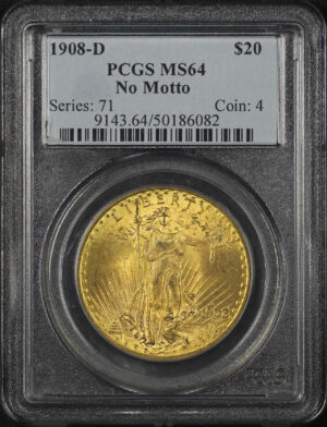 Obverse of this 1908-D St. Gaudens $20 No Motto PCGS MS-64