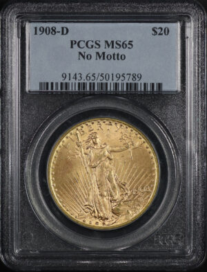 Obverse of this 1908-D St. Gaudens $20 No Motto PCGS MS-65