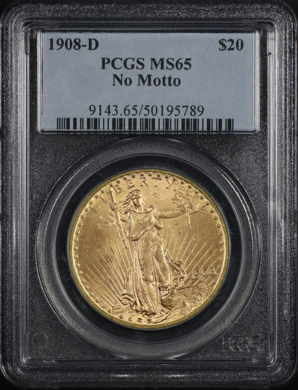 Obverse of this 1908-D St. Gaudens $20 No Motto PCGS MS-65
