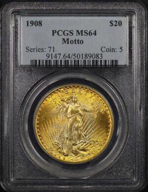 Obverse of this 1908 St. Gaudens $20 Motto PCGS MS-64