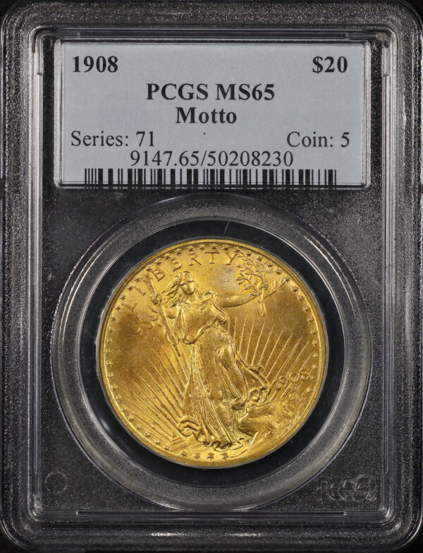 Obverse of this 1908 St. Gaudens $20 Motto PCGS MS-65