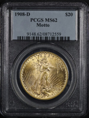 Obverse of this 1908-D St. Gaudens $20 Motto PCGS MS-62