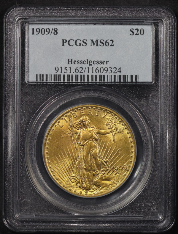 Obverse of this 1909/8 St. Gaudens $20 PCGS MS-62 Hesselgesser 