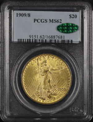 Obverse of this 1909/8 St. Gaudens $20 PCGS MS-62 CAC