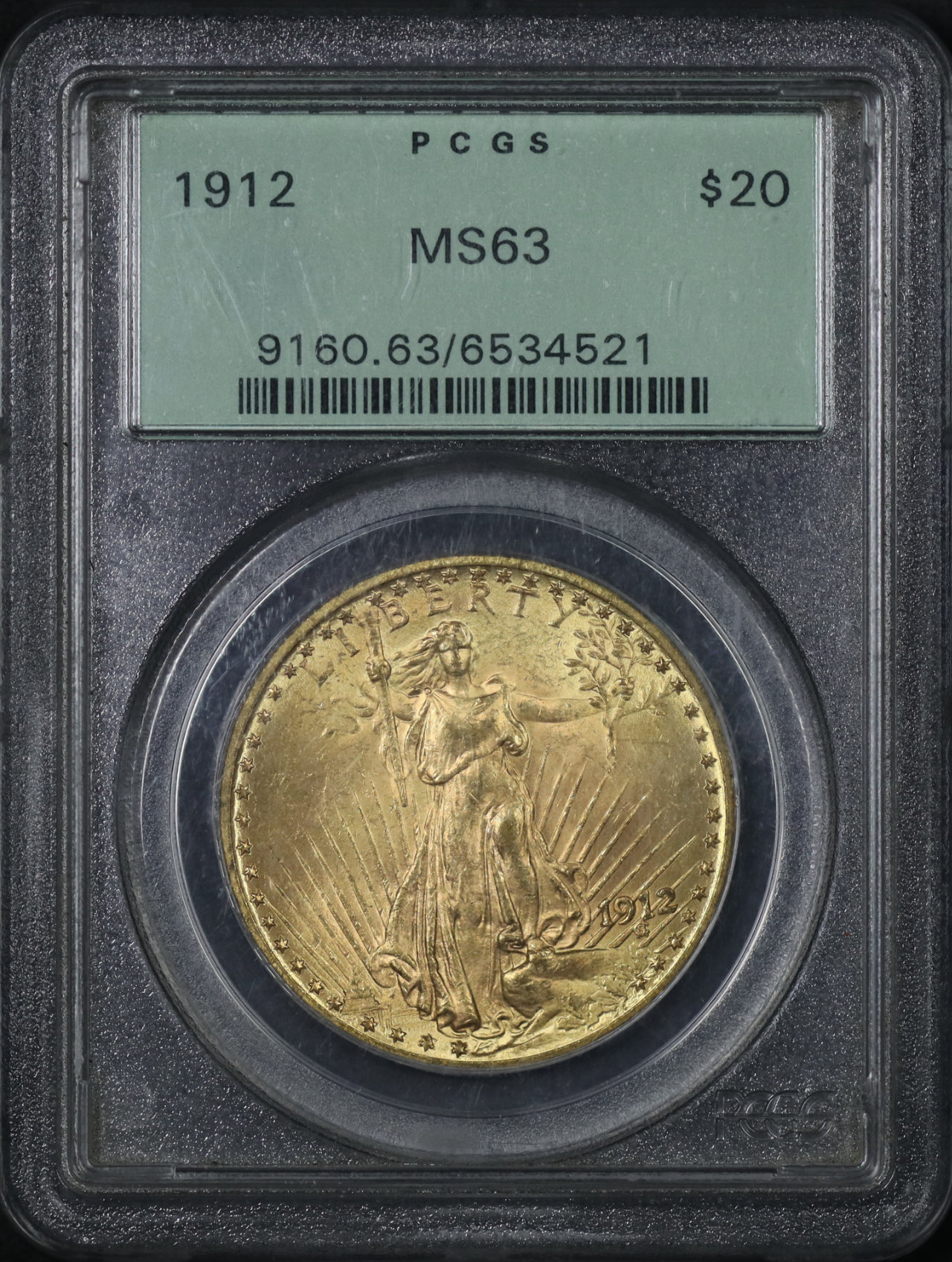 Obverse of this 1912 St. Gaudens $20 PCGS MS-63 Old Green Holder