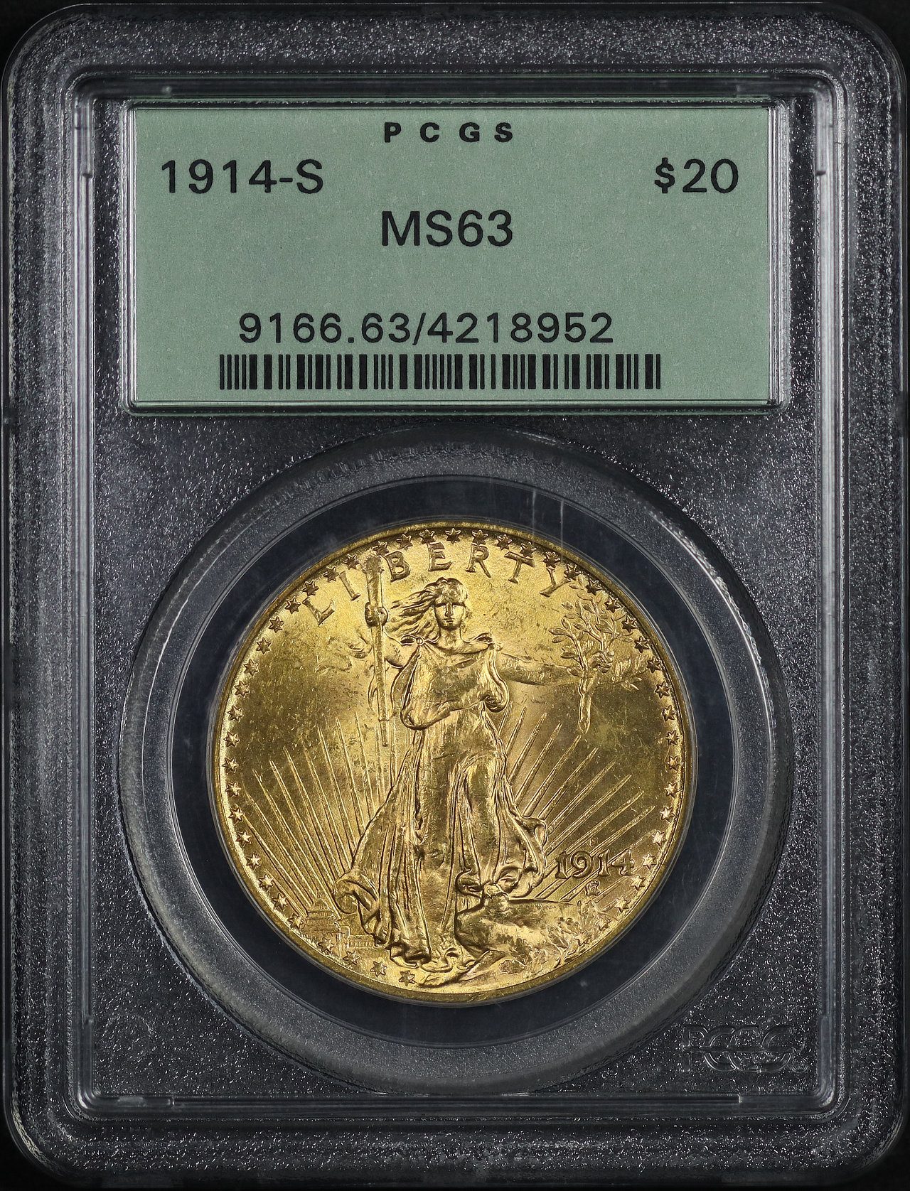 Obverse of this 1914-S St. Gaudens $20 PCGS MS-63 Old Green Holder