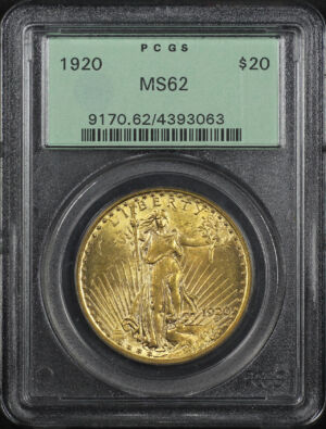 Obverse of this 1920 St. Gaudens $20 PCGS MS-62 Old Green Holder