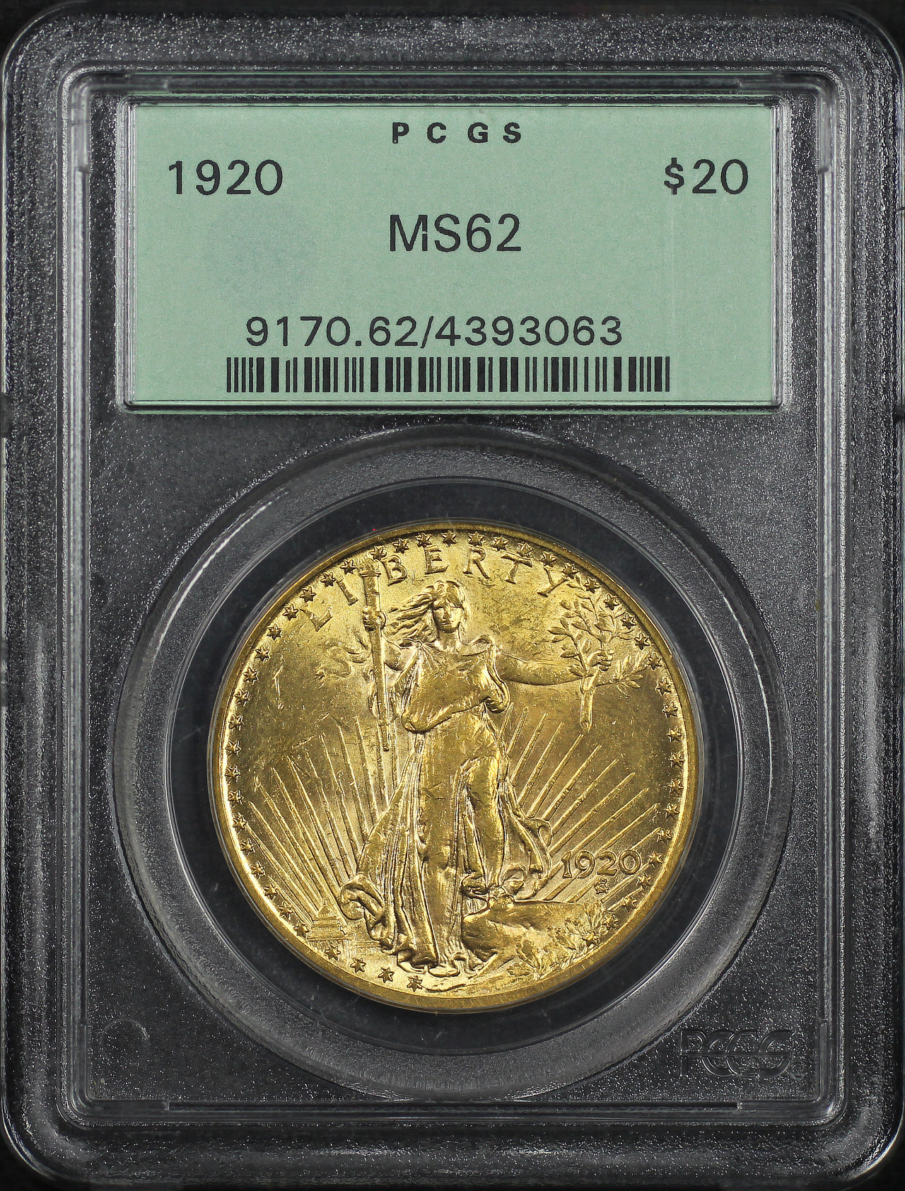 Obverse of this 1920 St. Gaudens $20 PCGS MS-62 Old Green Holder