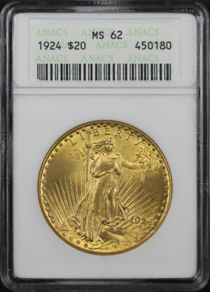 Obverse of this 1924 St. Gaudens $20 ANACS MS-62