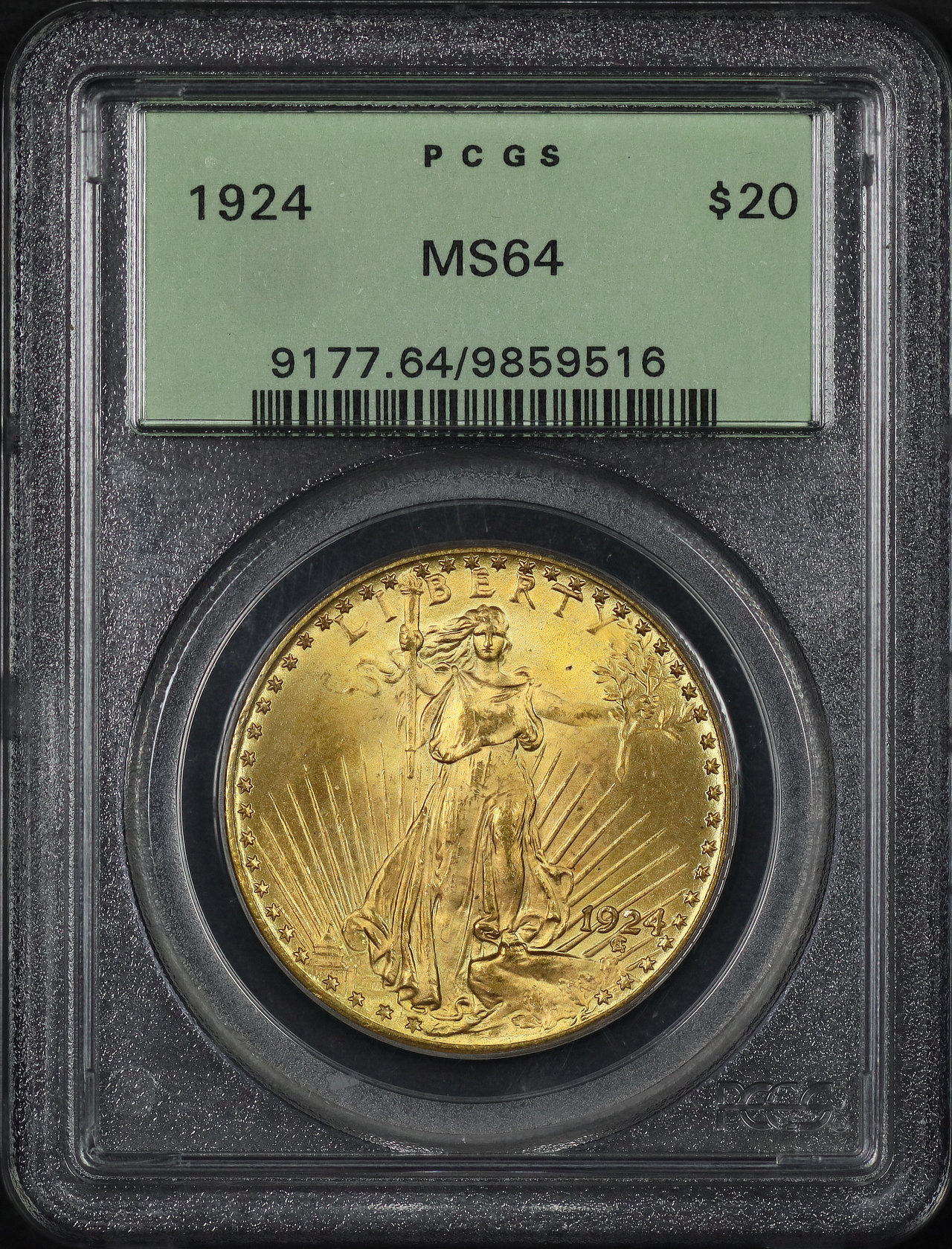 Obverse of this 1924 St. Gaudens $20 PCGS MS-64 Old Green Holder