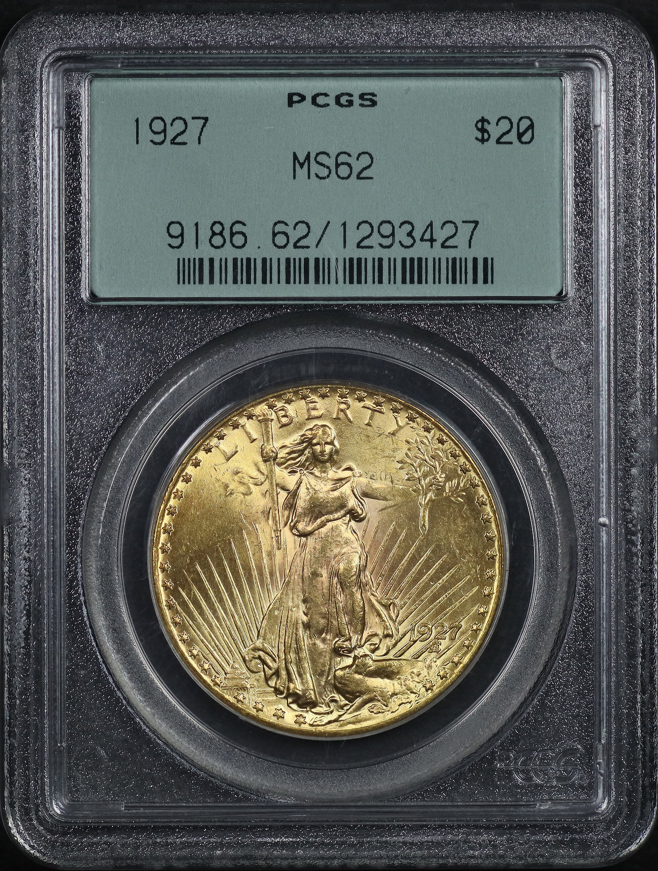 Obverse of this 1927 St. Gaudens $20 PCGS MS-62 Old Green Holder
